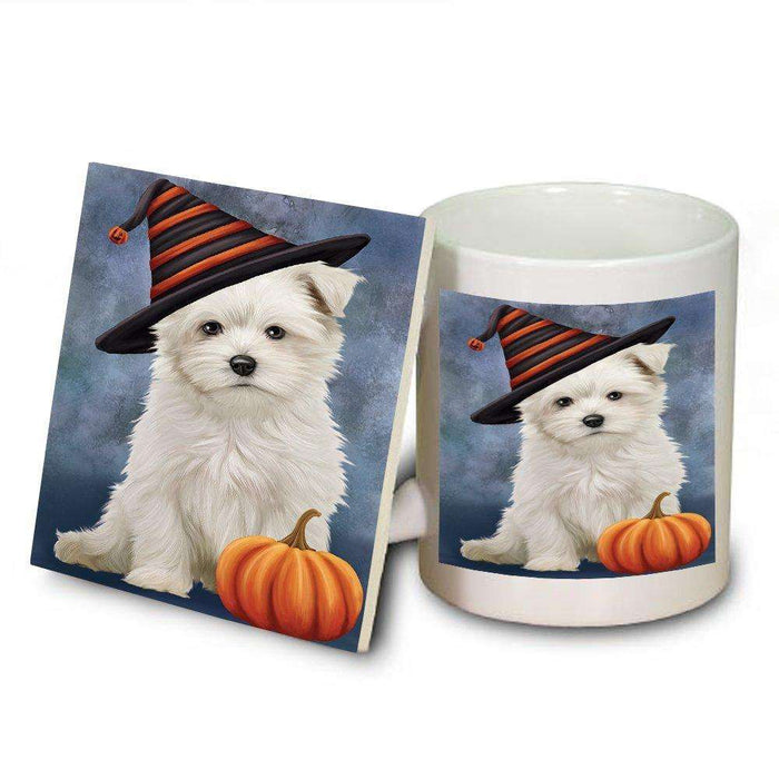 Happy Halloween Maltese Dog Wearing Witch Hat with Pumpkin Mug and Coaster Set