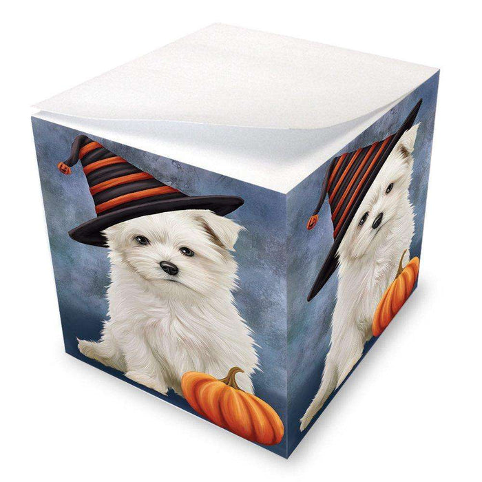 Happy Halloween Maltese Dog Wearing Witch Hat with Pumpkin Note Cube