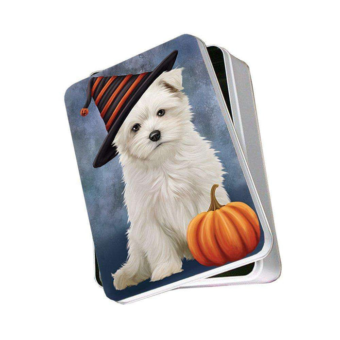 Happy Halloween Maltese Dog Wearing Witch Hat with Pumpkin Photo Storage Tin