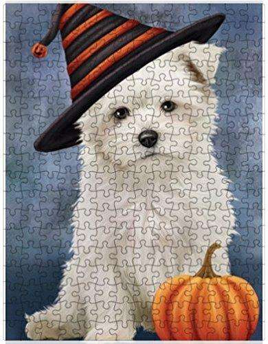 Happy Halloween Maltese Dog Wearing Witch Hat with Pumpkin Puzzle with Photo Tin