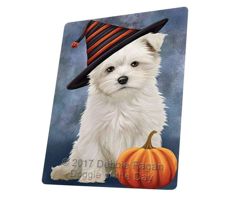 Happy Halloween Maltese Dog Wearing Witch Hat with Pumpkin Tempered Cutting Board