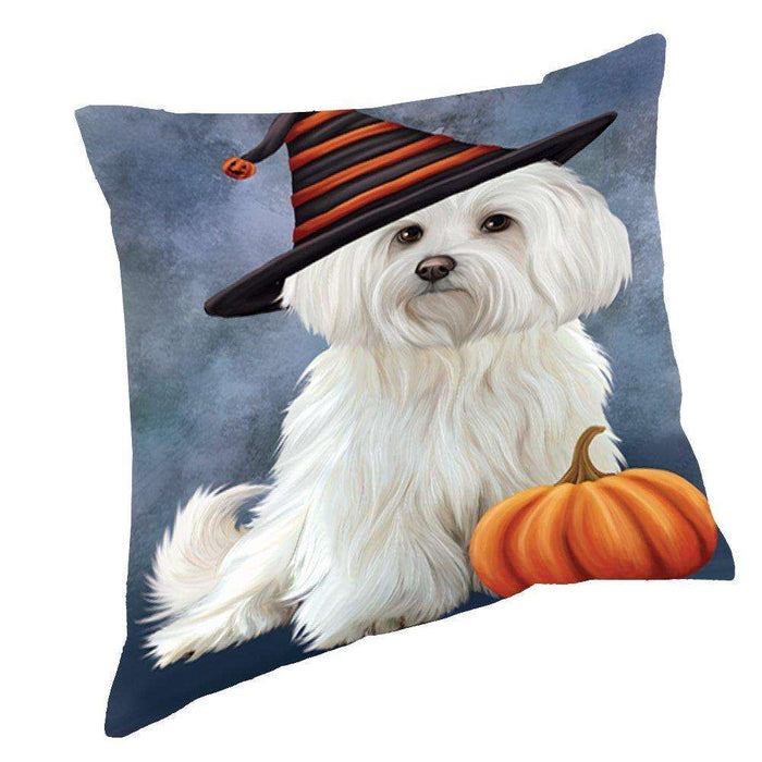Happy Halloween Maltese Dog Wearing Witch Hat with Pumpkin Throw Pillow