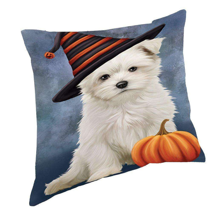 Happy Halloween Maltese Dog Wearing Witch Hat with Pumpkin Throw Pillow