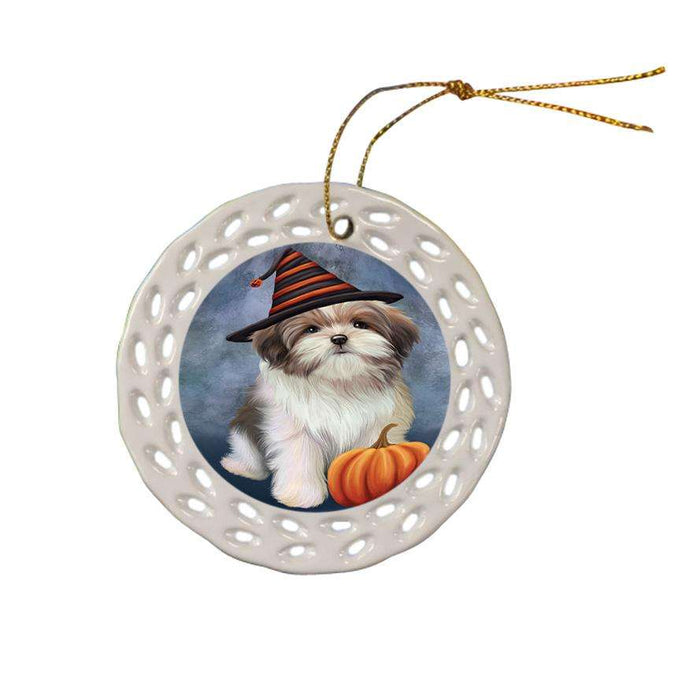 Happy Halloween Malti Tzu Dog Wearing Witch Hat with Pumpkin Ceramic Doily Ornament DPOR54867
