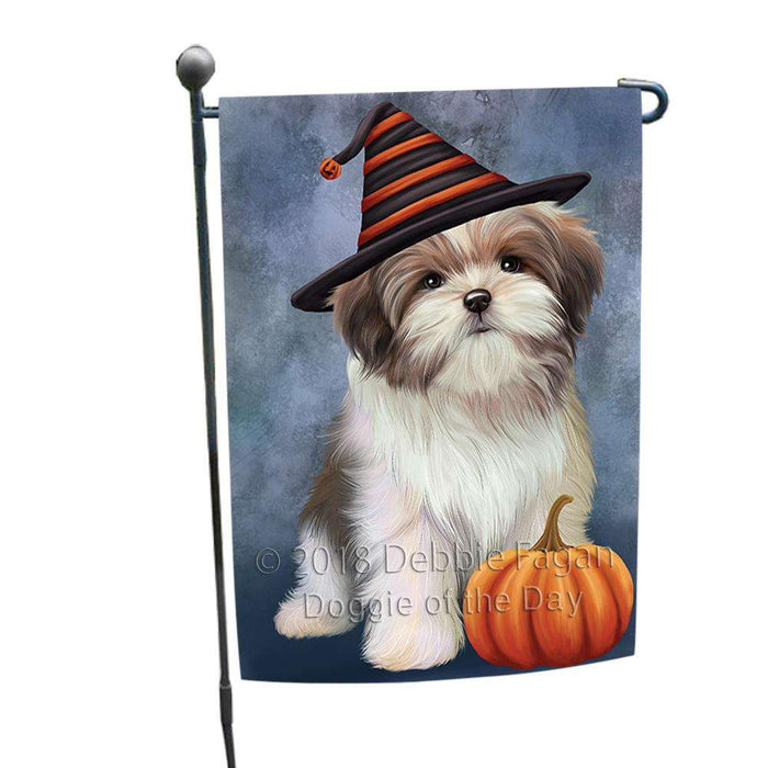 Happy Halloween Malti Tzu Dog Wearing Witch Hat with Pumpkin Garden Flag GFLG54929