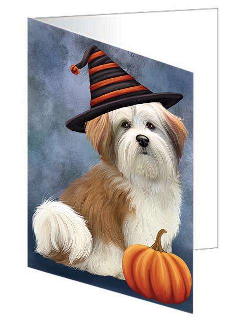 Happy Halloween Malti Tzu Dog Wearing Witch Hat with Pumpkin Handmade Artwork Assorted Pets Greeting Cards and Note Cards with Envelopes for All Occasions and Holiday Seasons GCD68627