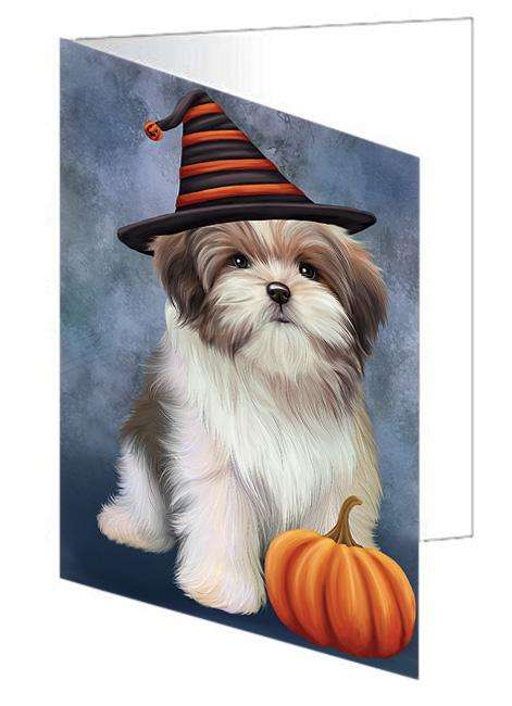 Happy Halloween Malti Tzu Dog Wearing Witch Hat with Pumpkin Handmade Artwork Assorted Pets Greeting Cards and Note Cards with Envelopes for All Occasions and Holiday Seasons GCD68630