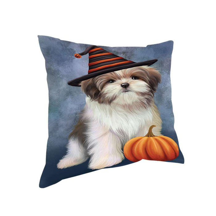 Happy Halloween Malti Tzu Dog Wearing Witch Hat with Pumpkin Pillow PIL76092