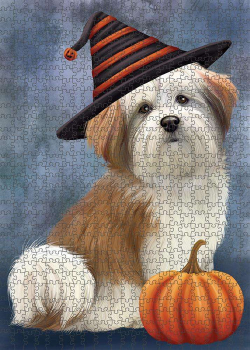 Happy Halloween Malti Tzu Dog Wearing Witch Hat with Pumpkin Puzzle with Photo Tin PUZL86620