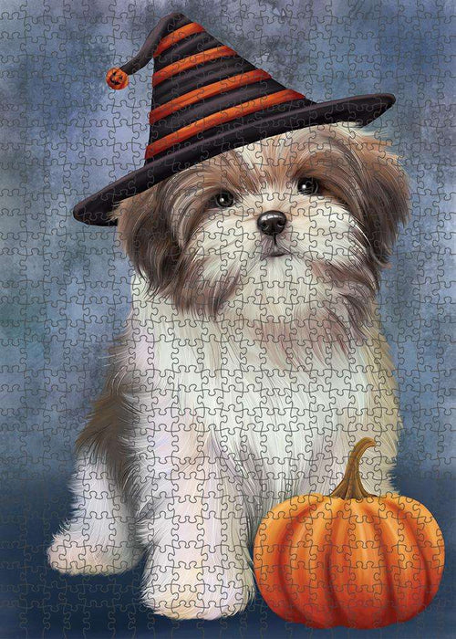 Happy Halloween Malti Tzu Dog Wearing Witch Hat with Pumpkin Puzzle with Photo Tin PUZL86624