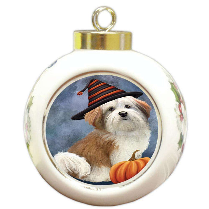 Happy Halloween Malti Tzu Dog Wearing Witch Hat with Pumpkin Round Ball Christmas Ornament RBPOR54866