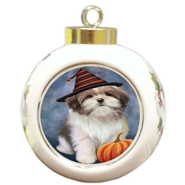 Happy Halloween Malti Tzu Dog Wearing Witch Hat with Pumpkin Round Ball Christmas Ornament RBPOR54867