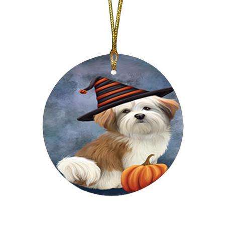 Happy Halloween Malti Tzu Dog Wearing Witch Hat with Pumpkin Round Flat Christmas Ornament RFPOR54857
