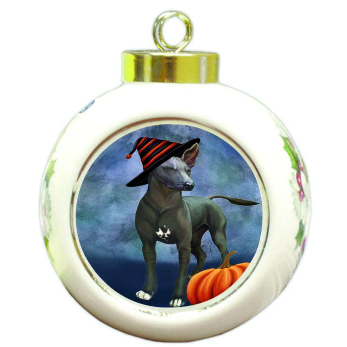 Happy Halloween Mexican Hairless Dog Wearing Witch Hat with Pumpkin Round Ball Christmas Ornament RBPOR54890