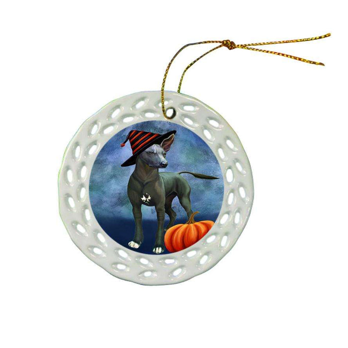 Happy Halloween Mexican Hairless Dog Wearing Witch Hat with Pumpkin Star Porcelain Ornament SPOR54881