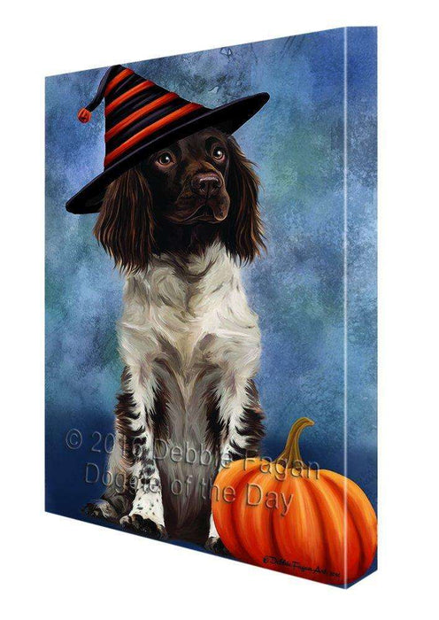 Happy Halloween Munsterlander Dog Wearing Witch Hat with Pumpkin Canvas Wall Art