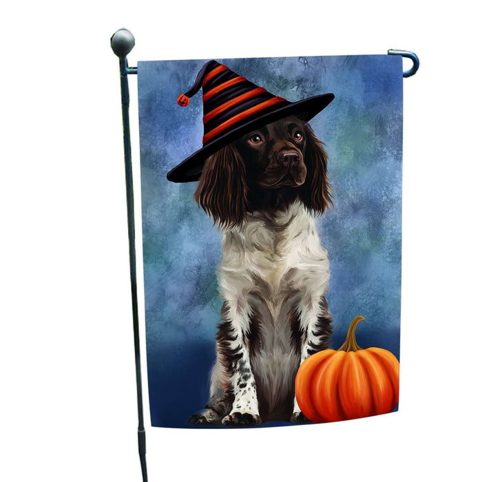 Happy Halloween Munsterlander Dog Wearing Witch Hat with Pumpkin Garden Flag