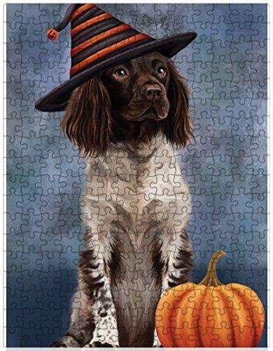 Happy Halloween Munsterlander Dog Wearing Witch Hat with Pumpkin Puzzle with Photo Tin