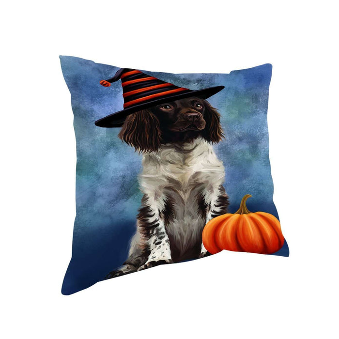 Happy Halloween Munsterlander Dog Wearing Witch Hat with Pumpkin Throw Pillow