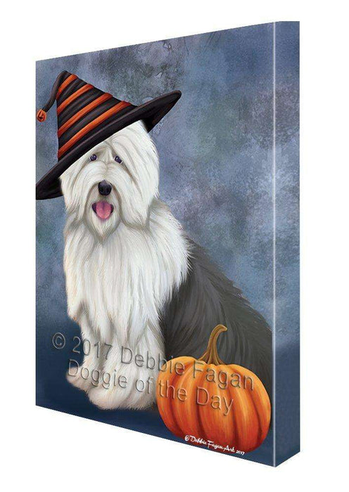 Happy Halloween Old English Sheepdog Wearing Witch Hat with Pumpkin Canvas Wall Art