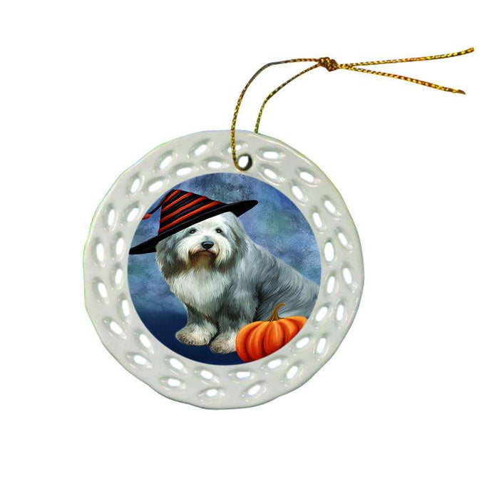 Happy Halloween Old English Sheepdog Wearing Witch Hat with Pumpkin Ceramic Doily Ornament DPOR55032