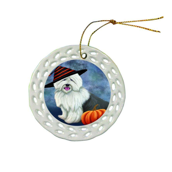 Happy Halloween Old English Sheepdog Wearing Witch Hat with Pumpkin Ceramic Doily Ornament DPOR55034