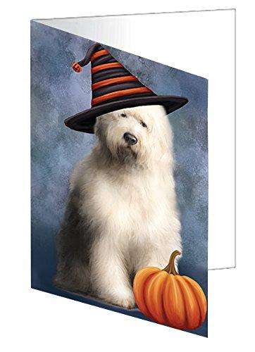 Happy Halloween Old English Sheepdog Wearing Witch Hat with Pumpkin Handmade Artwork Assorted Pets Greeting Cards and Note Cards with Envelopes for All Occasions and Holiday Seasons