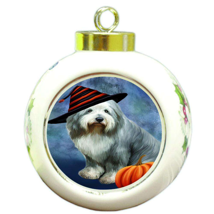 Happy Halloween Old English Sheepdog Wearing Witch Hat with Pumpkin Round Ball Christmas Ornament RBPOR55032
