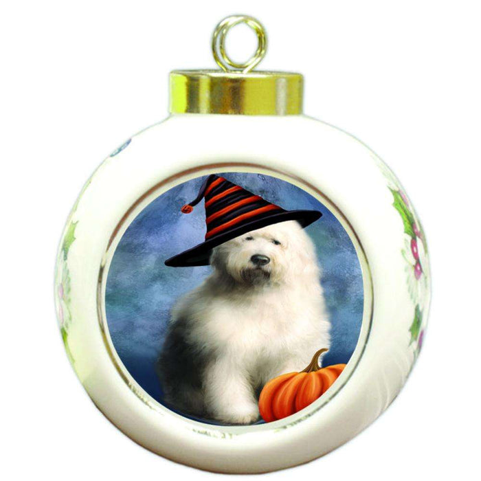 Happy Halloween Old English Sheepdog Wearing Witch Hat with Pumpkin Round Ball Christmas Ornament RBPOR55033