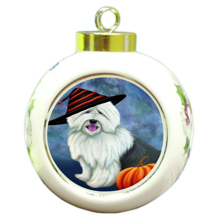 Happy Halloween Old English Sheepdog Wearing Witch Hat with Pumpkin Round Ball Christmas Ornament RBPOR55034
