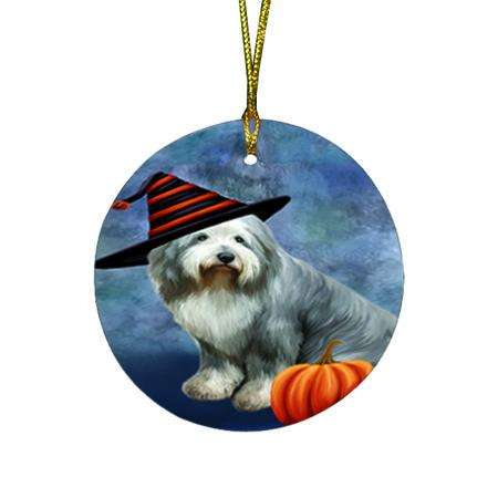 Happy Halloween Old English Sheepdog Wearing Witch Hat with Pumpkin Round Flat Christmas Ornament RFPOR55023