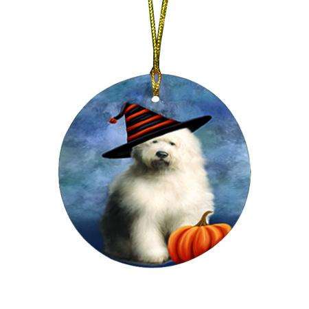 Happy Halloween Old English Sheepdog Wearing Witch Hat with Pumpkin Round Flat Christmas Ornament RFPOR55024