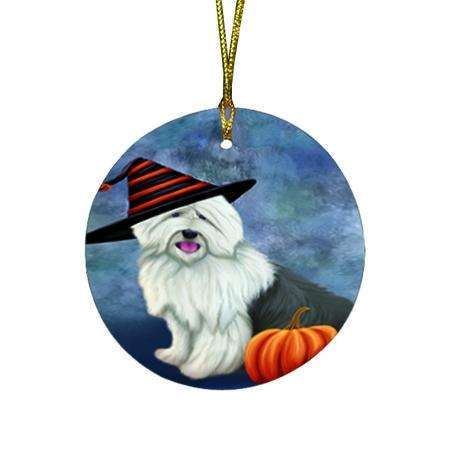 Happy Halloween Old English Sheepdog Wearing Witch Hat with Pumpkin Round Flat Christmas Ornament RFPOR55025