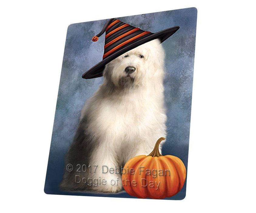 Happy Halloween Old English Sheepdog Wearing Witch Hat with Pumpkin Tempered Cutting Board