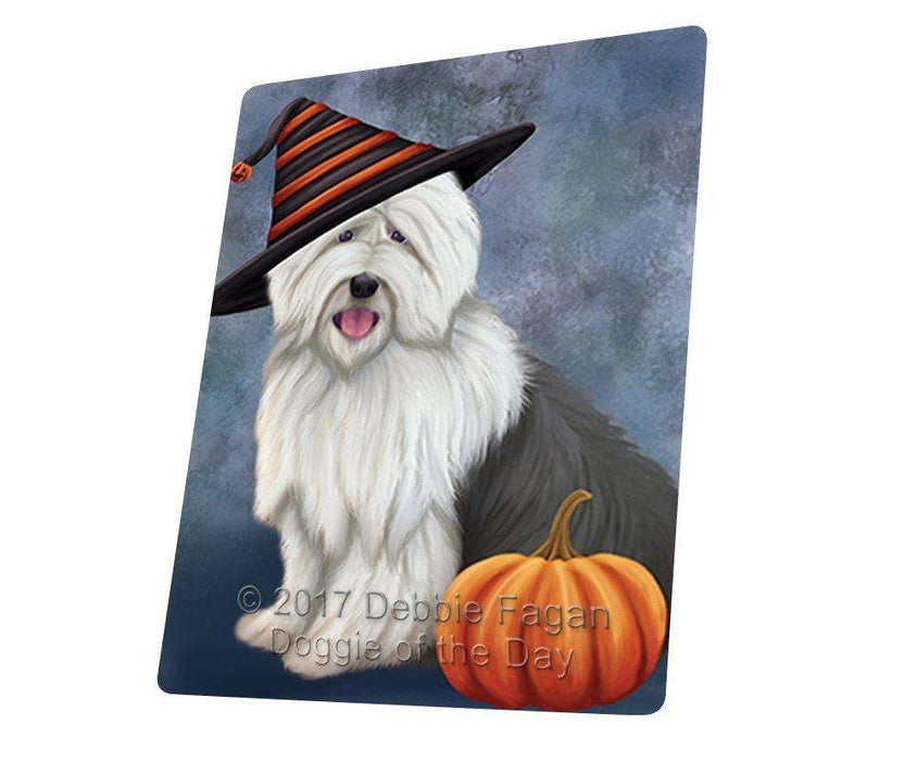 Happy Halloween Old English Sheepdog Wearing Witch Hat with Pumpkin Tempered Cutting Board