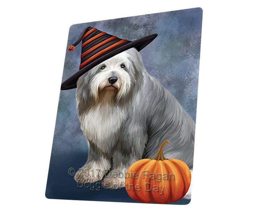 Happy Halloween Old English Sheepdog Wearing Witch Hat with Pumpkin Tempered Cutting Board