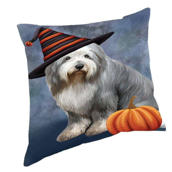 Happy Halloween Old English Sheepdog Wearing Witch Hat with Pumpkin Throw Pillow