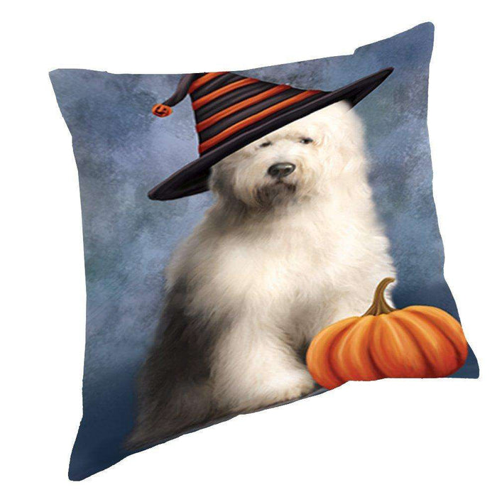 Happy Halloween Old English Sheepdog Wearing Witch Hat with Pumpkin Throw Pillow
