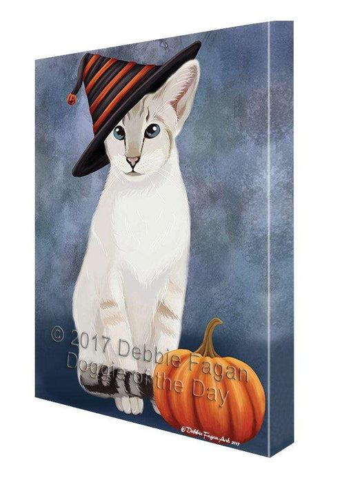 Happy Halloween Oriental Blue Point Siamese Cat Wearing Witch Hat with Pumpkin Canvas Wall Art