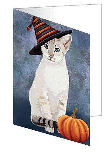 Happy Halloween Oriental Blue Point Siamese Cat Wearing Witch Hat with Pumpkin Handmade Artwork Assorted Pets Greeting Cards and Note Cards with Envelopes for All Occasions and Holiday Seasons