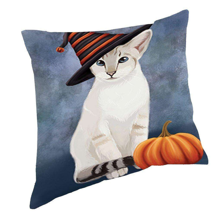 Happy Halloween Oriental Blue Point Siamese Cat Wearing Witch Hat with Pumpkin Throw Pillow