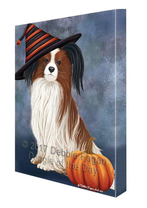 Happy Halloween Papillion Dog Wearing Witch Hat with Pumpkin Canvas Wall Art