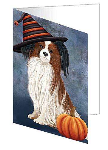 Happy Halloween Papillion Dog Wearing Witch Hat with Pumpkin Handmade Artwork Assorted Pets Greeting Cards and Note Cards with Envelopes for All Occasions and Holiday Seasons