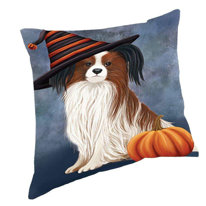 Happy Halloween Papillion Dog Wearing Witch Hat with Pumpkin Throw Pillow