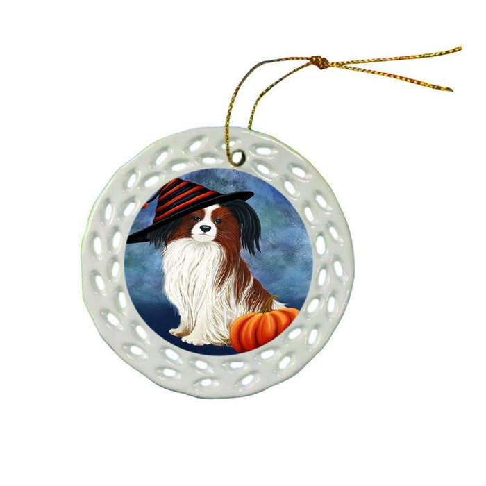 Happy Halloween Papillon Dog Wearing Witch Hat with Pumpkin Ceramic Doily Ornament DPOR55035