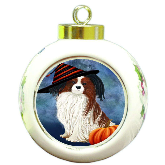 Happy Halloween Papillon Dog Wearing Witch Hat with Pumpkin Round Ball Christmas Ornament RBPOR55035