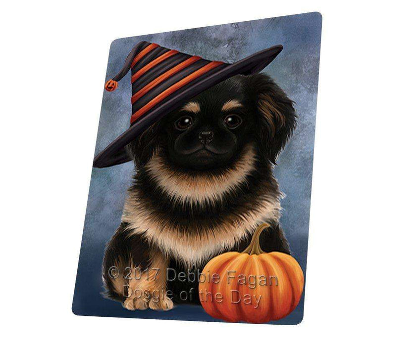 Happy Halloween Pekingese Dog Donning Witch Hat with Pumpkin Tempered Cutting Board
