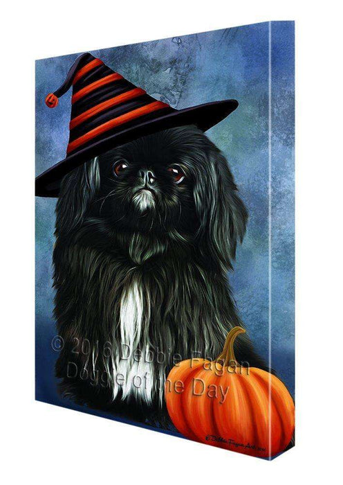 Happy Halloween Pekingese Dog Wearing Witch Hat with Pumpkin Canvas Wall Art