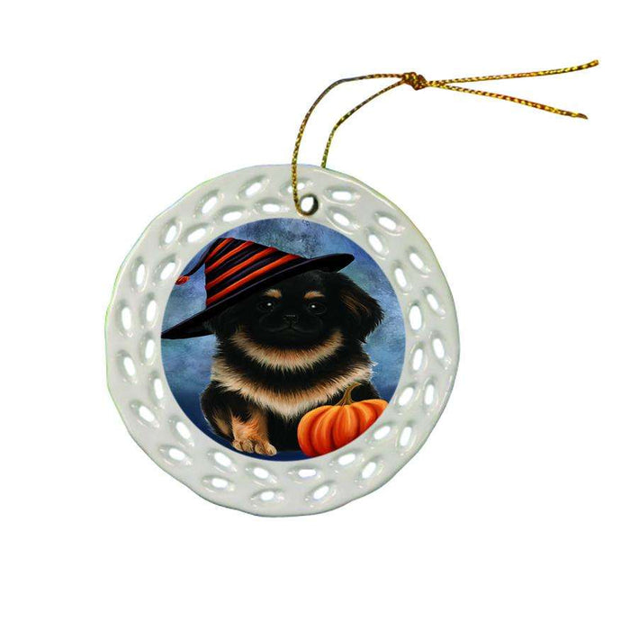 Happy Halloween Pekingese Dog Wearing Witch Hat with Pumpkin Ceramic Doily Ornament DPOR55036