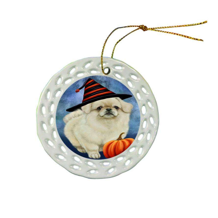 Happy Halloween Pekingese Dog Wearing Witch Hat with Pumpkin Ceramic Doily Ornament DPOR55092